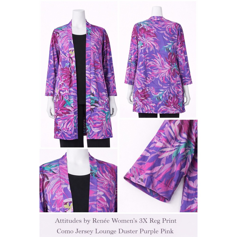 Attitudes by Renee Womens 3X‎ Purple Pink Floral Como Jersey Lounge Duster Coat